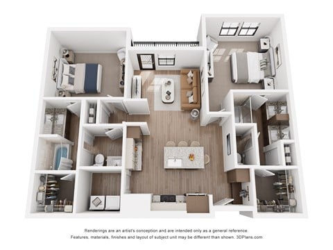 Floor plan for 2 beds, 2 baths, 1075 sqft