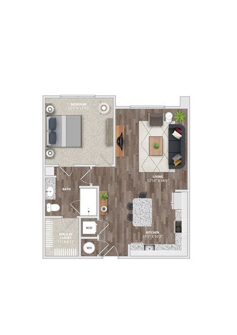 Floor plan for 1 bed, 1 bath, 737 sqft