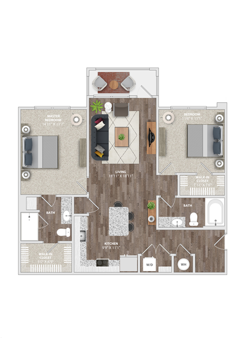 Floor plan for 2 beds, 2 baths, 1079 sqft