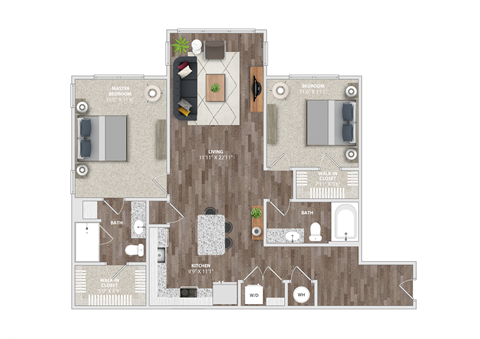 Floor plan for 2 beds, 2 baths, 1171 sqft