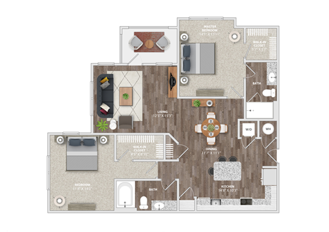 Floor plan for 2 beds, 2 baths, 1207 sqft
