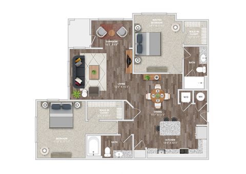 Floor plan for 2 beds, 2 baths, 1280 sqft