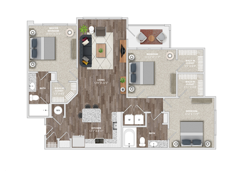 Floor plan for 3 beds, 2 baths, 1270 sqft