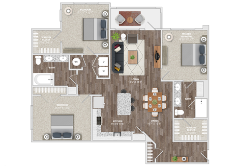 Floor plan for 3 beds, 2 baths, 1505 sqft