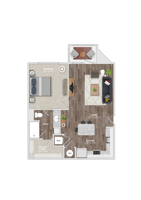 Floor plan for 1 bed, 1 bath, 763 sqft