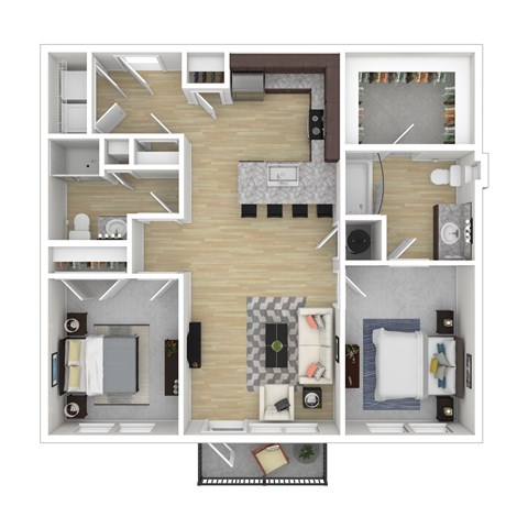 Floor plan for 2 beds, 2 baths, 1005 sqft