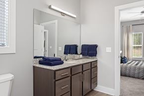 Raleigh apartment for rent - A bathroom with a white toilet, a sink with a mirror, and a bedroom with a bed and a window.