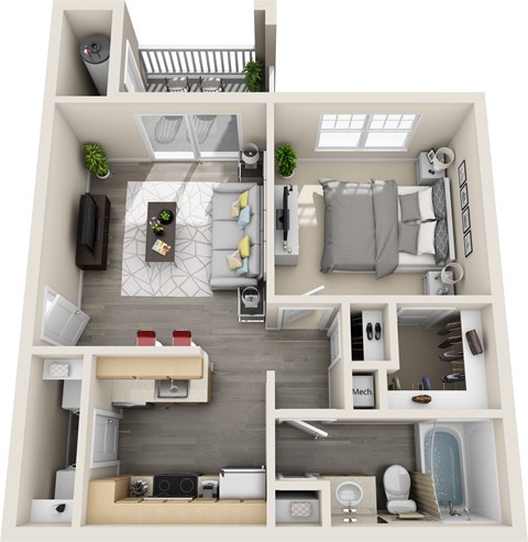 Floor plan for 1 bed, 1 bath, 556 sqft