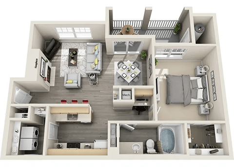 Floor plan for 1 bed, 1 bath, 797 sqft