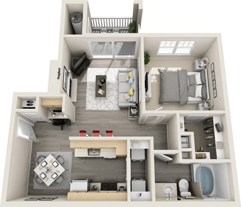 Floor plan for 1 bed, 1 bath, 692 sqft