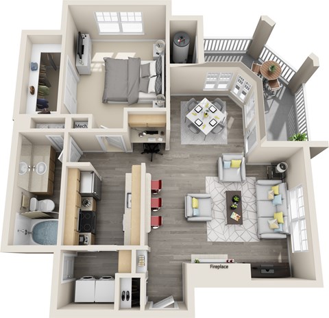 Floor plan for 1 bed, 1 bath, 832 sqft