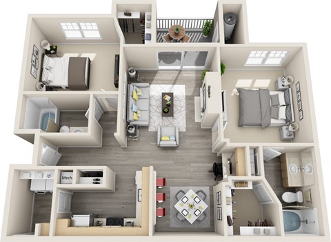 Floor plan for 2 beds, 2 baths, 1145 sqft