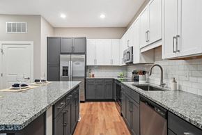 Spartanburg apartment for rent - a modern kitchen with granite counter tops and black appliances