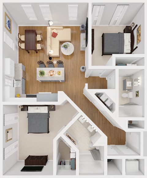 Floor plan for 2 beds, 2 baths, 1077 sqft