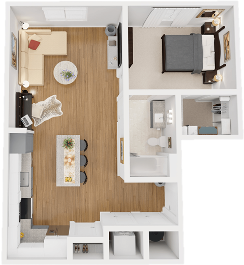 Floor plan for 1 bed, 1 bath, 733 sqft