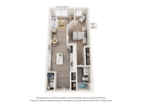 Floor plan for 1 bed, 1 bath, 659 sqft