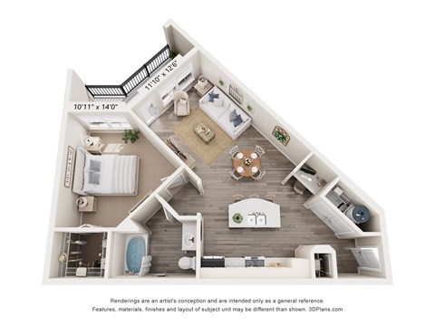 Floor plan for 1 bed, 1 bath, 763 sqft
