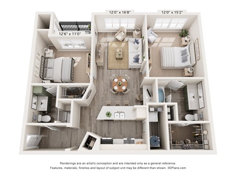 Floor plan for 2 beds, 2 baths, 1107 sqft