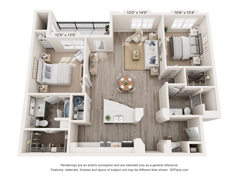 Floor plan for 2 beds, 2 baths, 1245 sqft