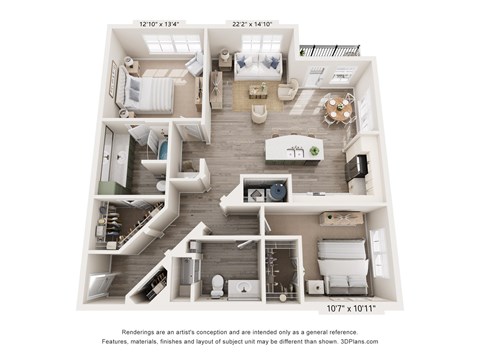 Floor plan for 2 beds, 2 baths, 1265 sqft