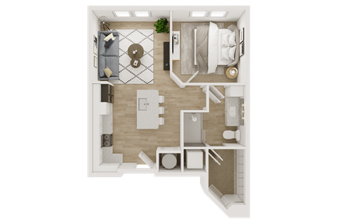 Floor plan for 1 bed, 1 bath, 631 sqft