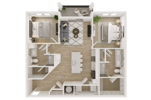 Floor plan for 2 beds, 2 baths, 1083 sqft
