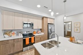 Vero Beach apartment for rent - A modern kitchen with a stainless steel sink and wooden cabinets.