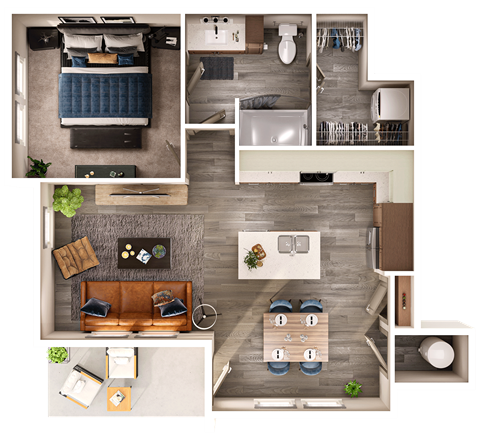 Floor plan for 1 bed, 1 bath, 747 sqft