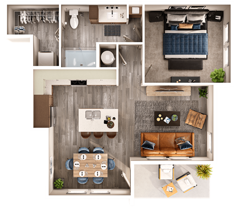 Floor plan for 1 bed, 1 bath, 749 sqft