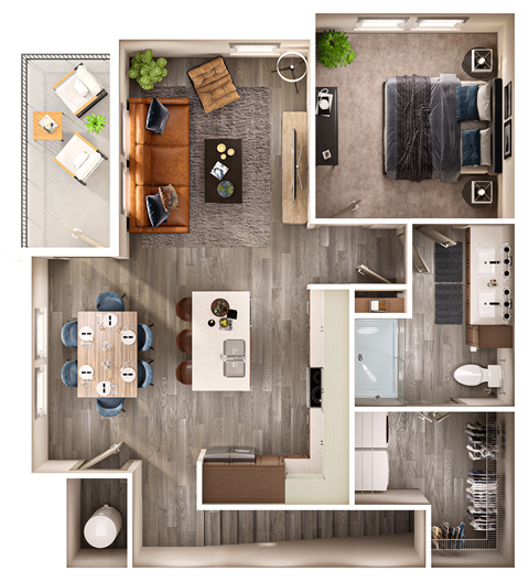 Floor plan for 1 bed, 1 bath, 891 sqft