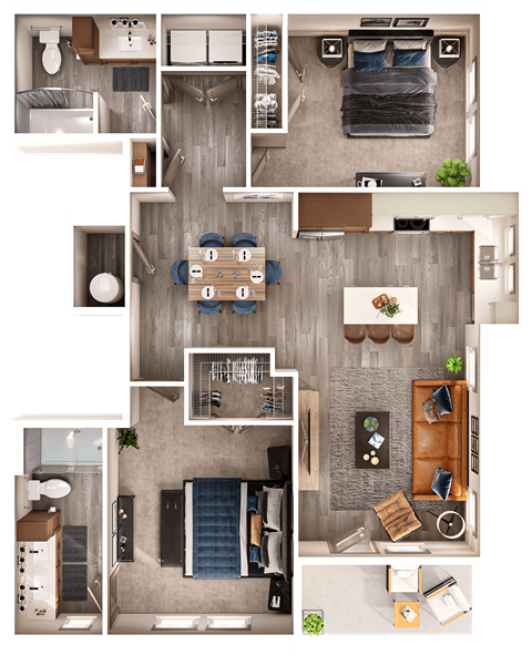 Floor plan for 2 beds, 2 baths, 1121 sqft