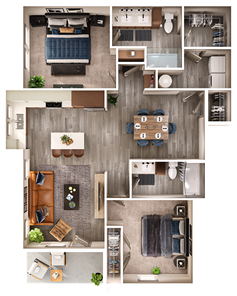 Floor plan for 2 beds, 2 baths, 1123 sqft