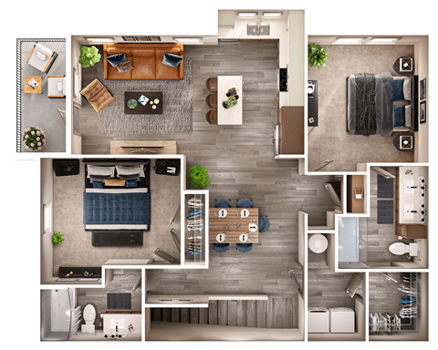 Floor plan for 2 beds, 2 baths, 1256 sqft