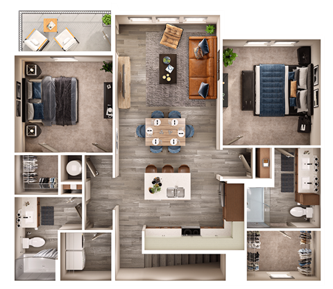 Floor plan for 2 beds, 2 baths, 1261 sqft