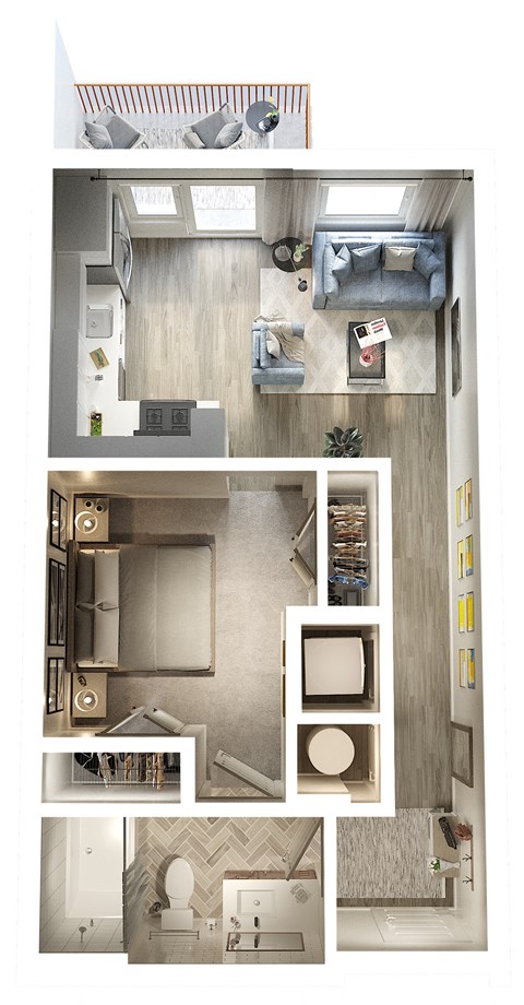 Floor plan for 1 bed, 1 bath, 557 sqft