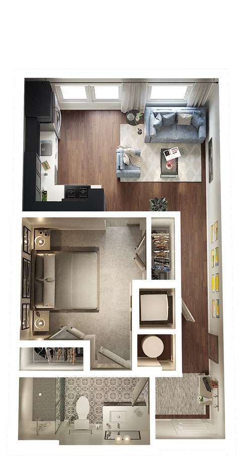 Floor plan for 1 bed, 1 bath, 557 sqft
