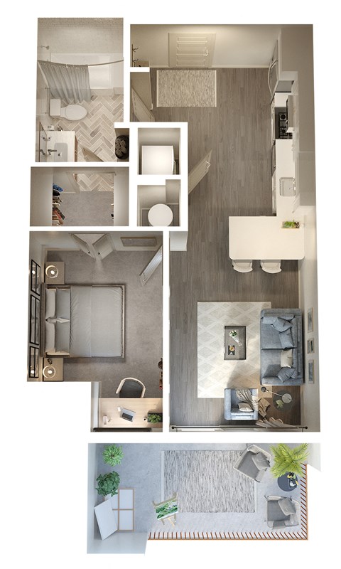 Floor plan for 1 bed, 1 bath, 589 sqft