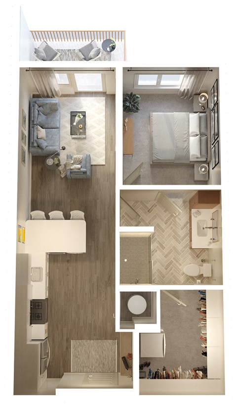 Floor plan for 1 bed, 1 bath, 637 sqft