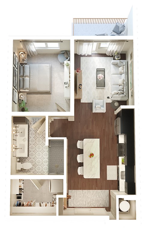 Floor plan for 1 bed, 1 bath, 696 sqft