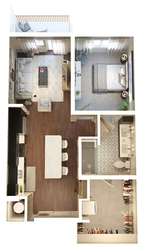 Floor plan for 1 bed, 1 bath, 738 sqft