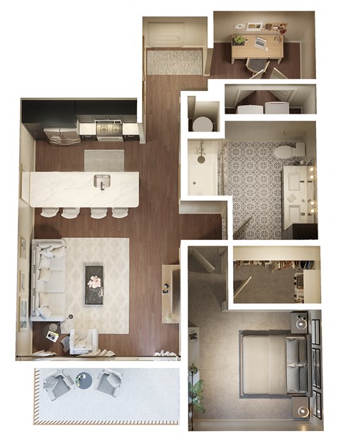 Floor plan for 1 bed, 1 bath, 844 sqft