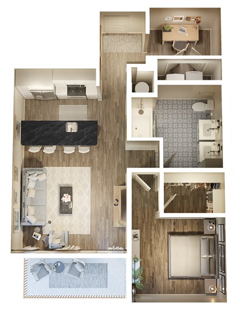 Floor plan for 1 bed, 1 bath, 844 sqft
