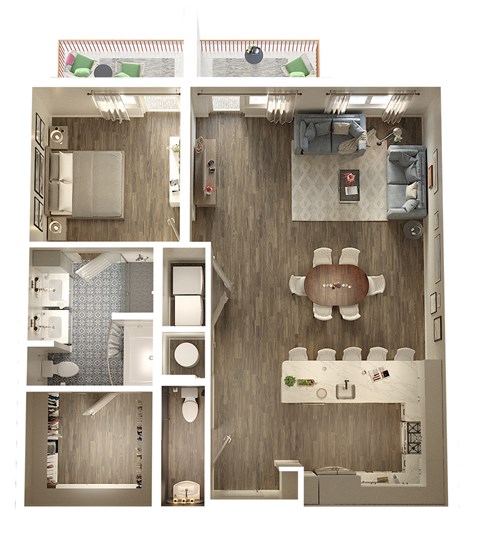 Floor plan for 1 bed, 1.5 baths, 1052 sqft