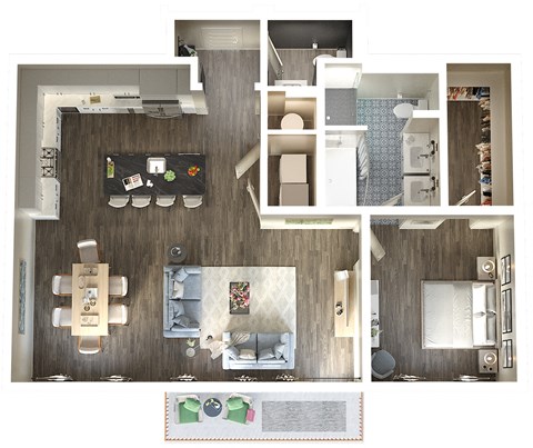 Floor plan for 1 bed, 1.5 baths, 1096 sqft