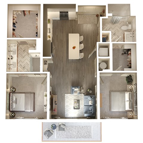 Floor plan for 2 beds, 2 baths, 1117 sqft