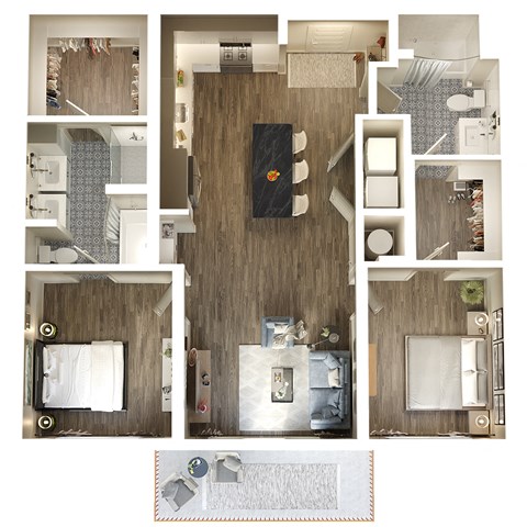 Floor plan for 2 beds, 2 baths, 1117 sqft