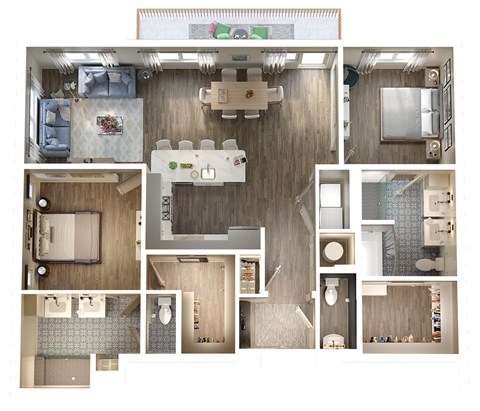 Floor plan for 2 beds, 2.5 baths, 1434 sqft