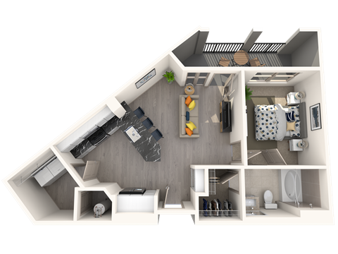 Floor plan for 1 bed, 1 bath, 656 sqft