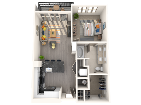 Floor plan for 1 bed, 1 bath, 734 sqft