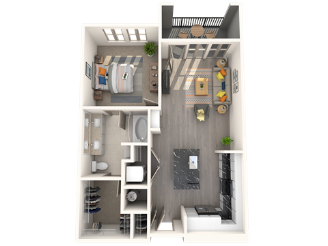 Floor plan for 1 bed, 1 bath, 734 sqft